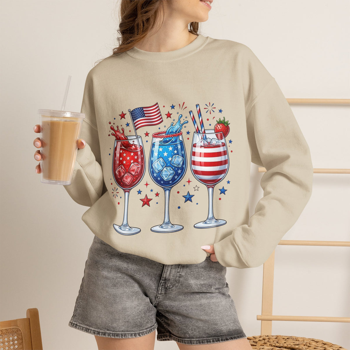 Unisex crewneck sweatshirt with red, white and blue cocktail art