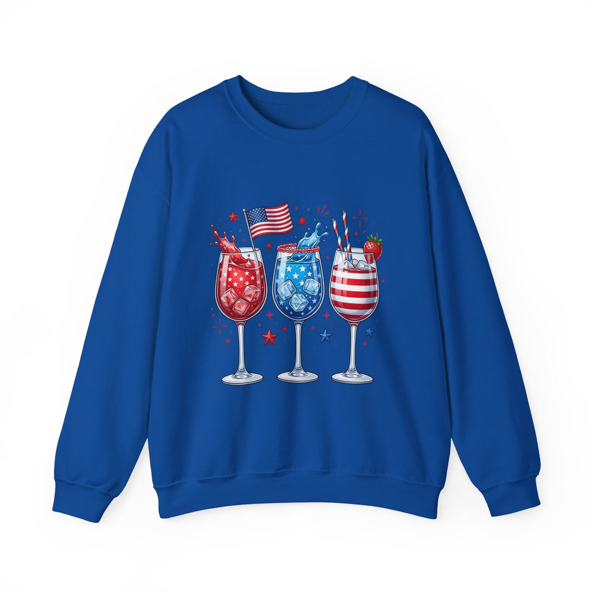 Red, white and blue cocktail glasses design on a unisex crewneck sweatshirt