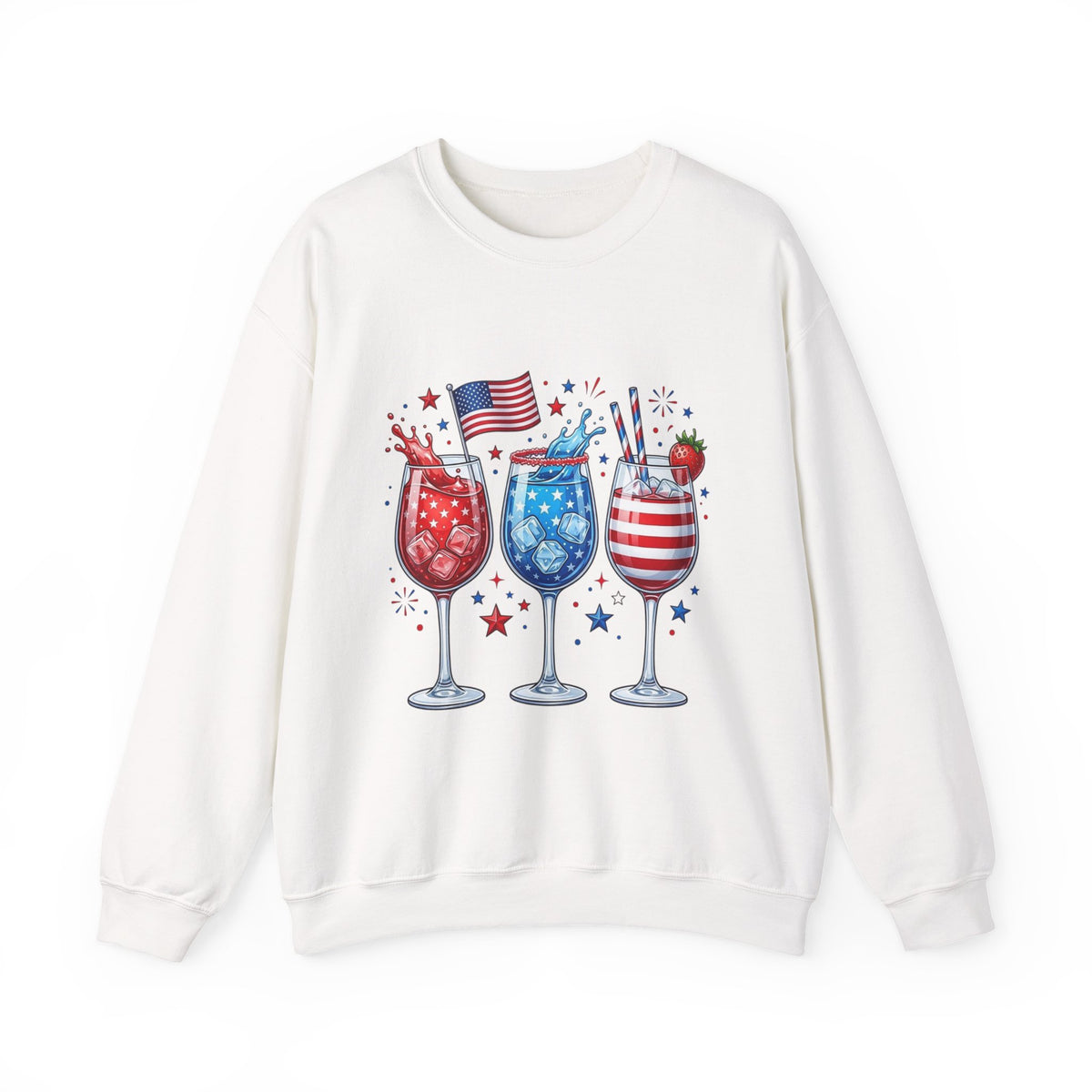 Fourth of July Cocktail Crewneck Sweatshirt with red, white and blue cocktail glasses graphic