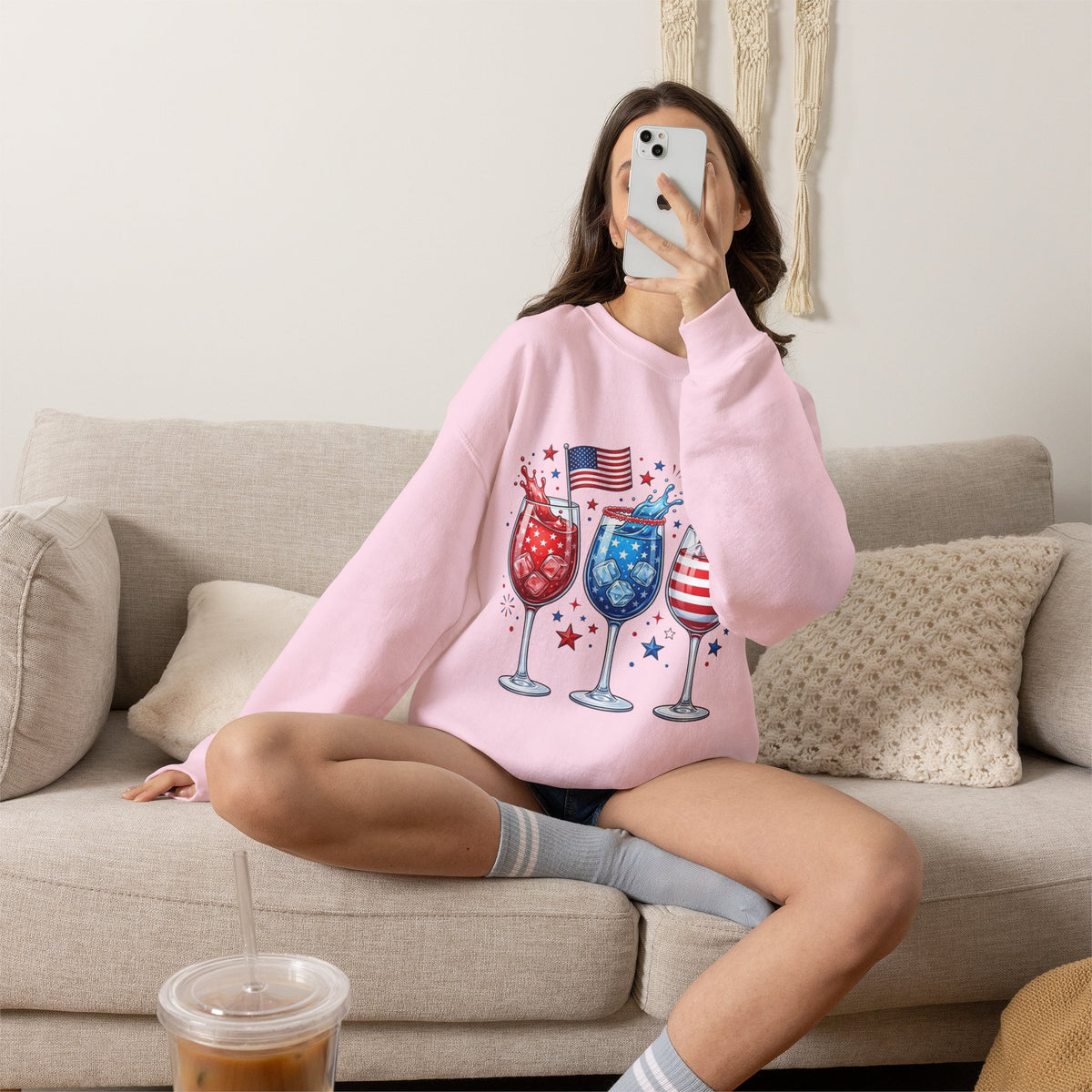 Red, white and blue cocktail crewneck sweatshirt detail