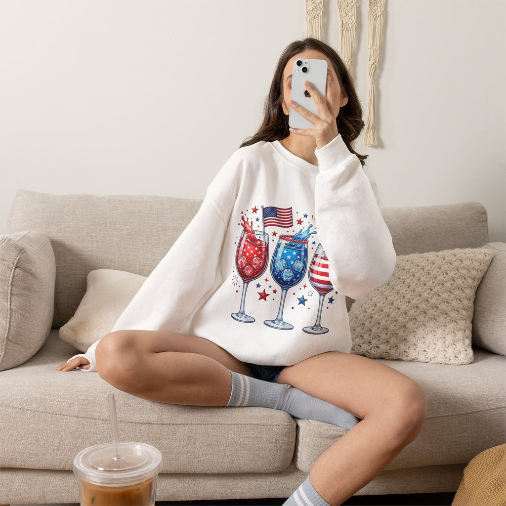 Fourth of July sweatshirt with three festive cocktail glasses